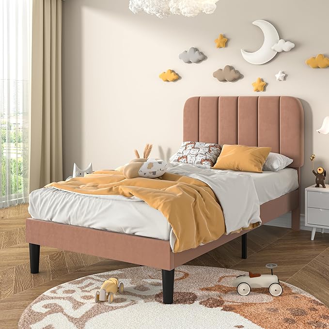 VECELO Twin Size Bed Frame with Upholstered Headboard, Velvet Platform Bedframe Mattress Foundation, Strong Wood Slat Support, No Box Spring Needed,Tan Brown