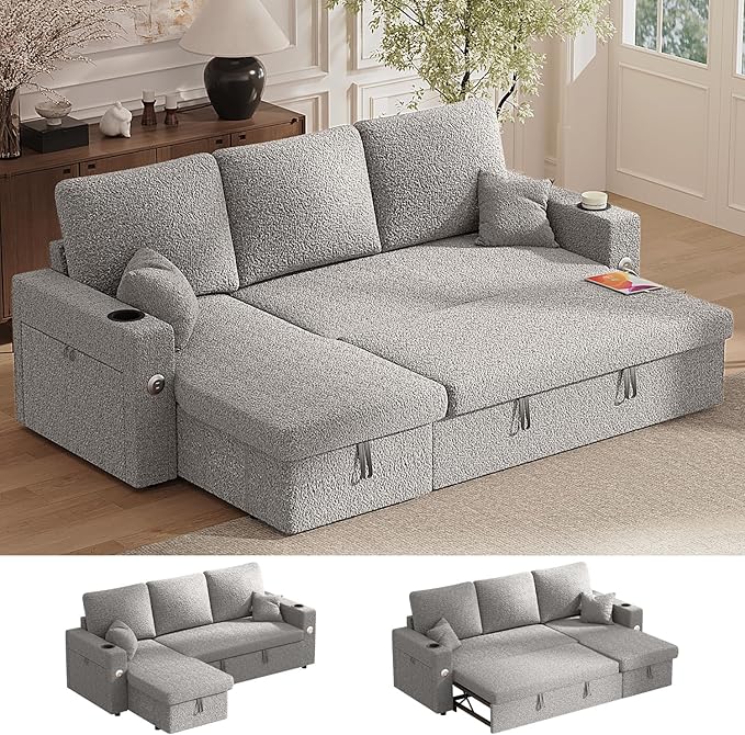 Sleeper Sofa Bed, 4-in-1 Pull Out Couch with Reversible Chaise | Dual USB & Type-C Charging | Dual Cup Holders | Layered Storage (Armrest + Chaise) for Living Room, Apartment, Home Office (Light Gray)