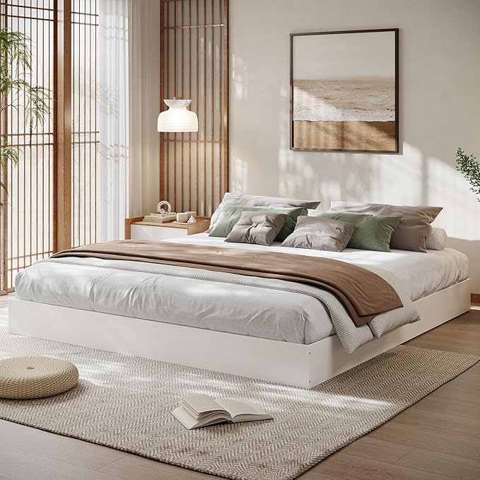 Wood Platform Bed with Sturdy Wooden Slats, King Size Floor-Standing Bed Frame, Modern Minimalist Design Bed Frame, No Box Spring Needed, Easy Assembly, White