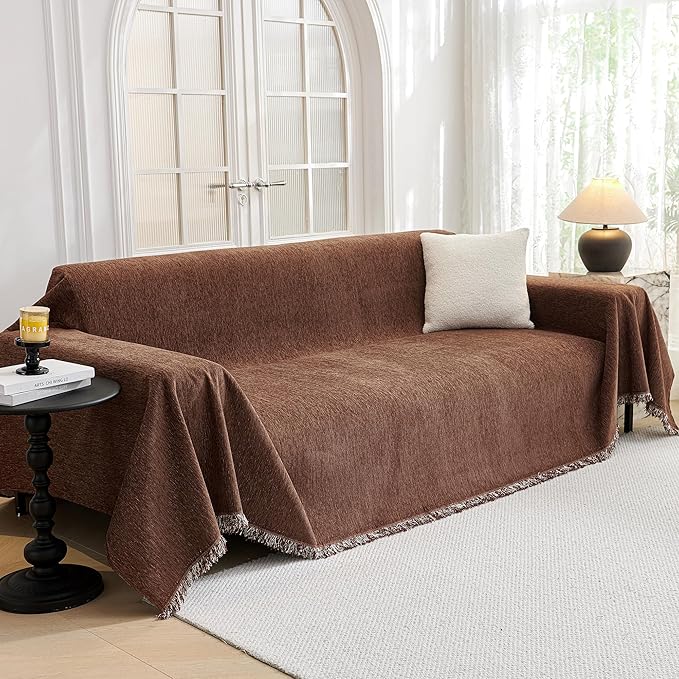 MYSKY HOME Sofa Covers for 2 Cushion Dogs - Boho Textured Soft Washable Decorative Couch Covers with Tassels, 71"x118", Chocolate