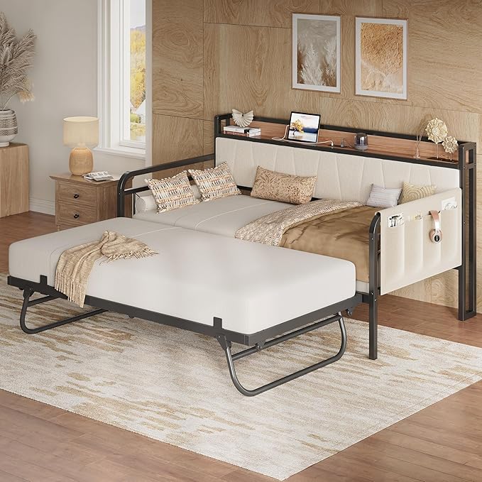 LIKIMIO Daybed with Trundle Bed, Twin Bed Frame with Storage Headboard and Charging Station, Sofa Day Bed with Strong Supports for Living Room, Bedroom, and Guest Room, Beige