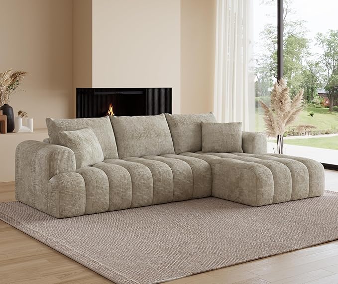 108" Cloud Sectional Couches for Living Room, Boneless L-Shaped Sofa with Pillow 3 Seater Modular Sectional Sofa (Khaki)