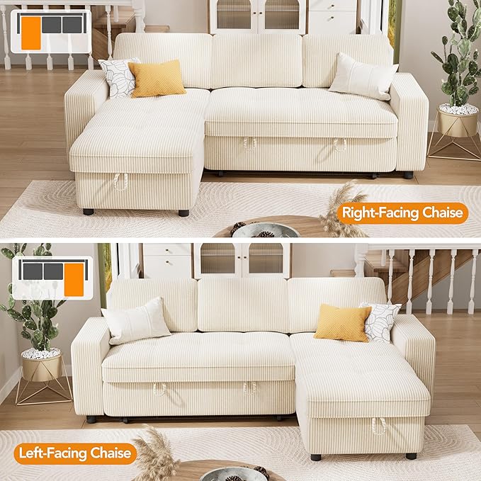 Vipbear Sectional Sleeper Couch with Pull Out Sofa Bed, L Shaped Plush Corduroy Couch with Reclining Backrest & Storage & USB Charging, Convertible Cloud Sectional Sofa Bed for Living Room, Beige | Breathable material, Tool-Free Assembly, Reclining Bac...