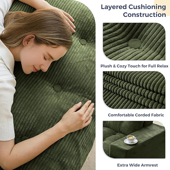 MAXYOYO 79" Loveseat Sofa Couch for Small Spaces, Upholstered Boneless Cloud Couch for Apartment Bedroom, 2-Seater Love Seat Floor Modern Sofa with Pillows, No Assembly Required, Dark Green