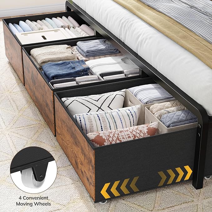 Homkdom King Size Bed Frame with 9 Fabric Storage Drawers, LED Lights & Charging Station, Metal Platform Bed Frame with Headboard Storage,No-Noise,Easy Assembly,Modern Brown
