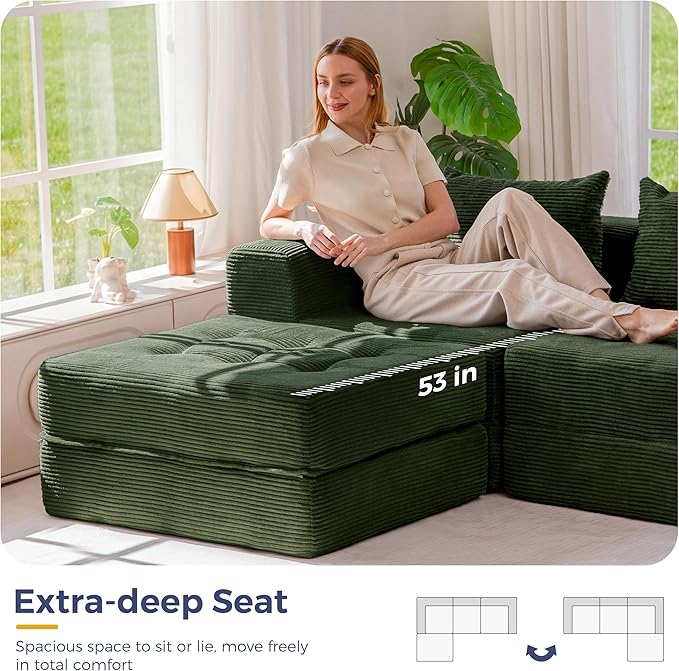 MAXYOYO Modular Sectional Sofa Couch, Foldable L-Shaped Folding Sofa Bed with Ottoman, Convertible Sectional Couch Corded Tufted Floor Sofa Lounger with Pillows for Living Room No Assembly, Dark Green