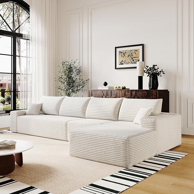 136" Sectional Couches for Living Room Cloud Couch Sofa with L-Shape Upholstered Boneless Couchs Modern Modular Sectional Couch with Chaise (White, 136" Right Facing Chaise+3Seaters)