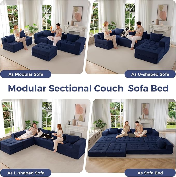 MAXYOYO Modular Sectional Sofa Couch, Foldable U Shaped Cloud Couch with Pillows, Tufted 6-Seat Boneless Sleeper Lounger Floor Sofa Bed for Living Room, No Assembly Required, Navy