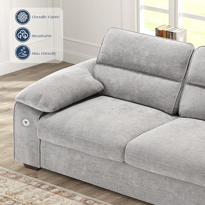 WorthFurni Sofas for Living Room, Chenille Pillow-Armrest Loveseat Couch Set, Small Sofa, 3 Seater Sofa, USB Charging, Removable Sofa Cover, Solid Wood Frame, Easy to Install (71.5 inch, Grey)