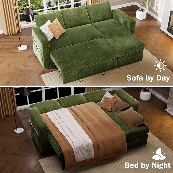 Vipbear 82" Sectional Sleeper Sofa with Pull Out Bed, L Shaped Couch Sleeper Sofa Bed, Pull Out Couch with Reclining Backrest, Reversible Storage Chaise, USB Ports, Tool-Free Assembly, Chenille Green