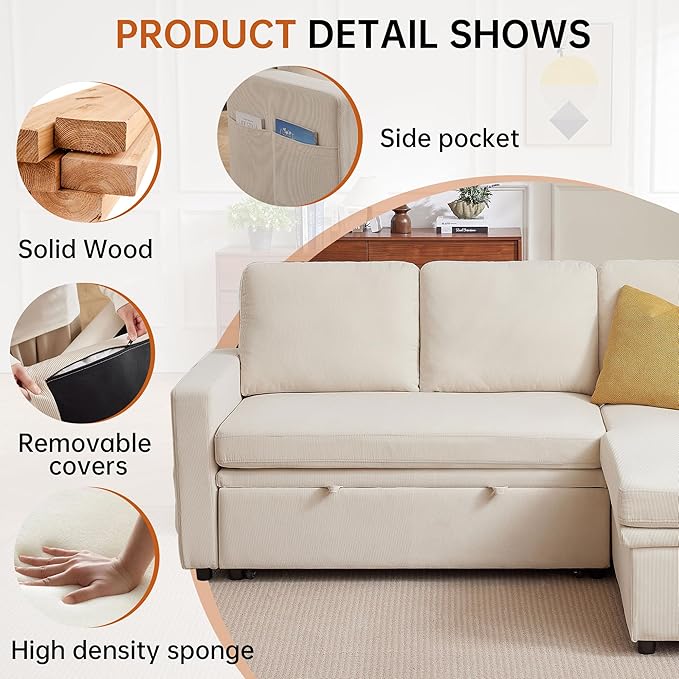 2-in-1 Convertible Sofa with Pull Out Bed, 76" L Shaped Comfy Sectional Couch 3-Seater Sleeper Sofa with Reversible Storage Chaise for Living Room, Beige