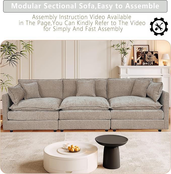Setawix Chenille Cloud Couches for Living Room,3 Seater Cloud Sofa Couch with Deep Seat,112.2" Roomy Cloud Sofas,Modular Sectional 3 Seat Sofa with Pillows for Bedroom (Coffee, 3 Seater)