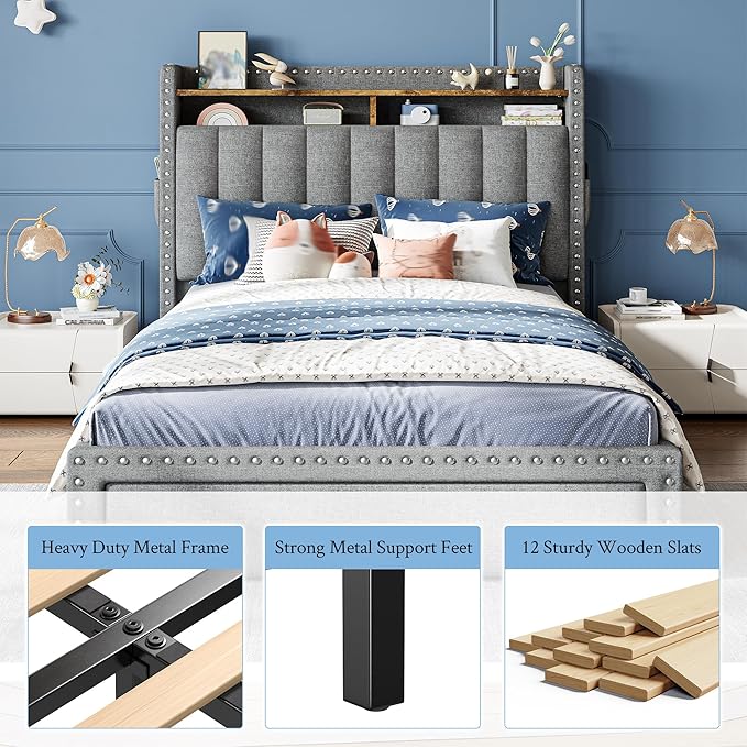 EnHomee Twin Bed Frame Upholstered Twin Bed with Storage Drawers and 2-Tier Vertical Tufted Headboard, Extra Storage Space for Bedroom Apartment, Grey