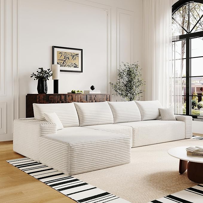 136" Sectional Couches for Living Room Cloud Couch Sofa with L-Shape Upholstered Boneless Couchs Modern Modular Sectional Couch with Chaise (White, 136" Left Facing Chaise+3Seaters)