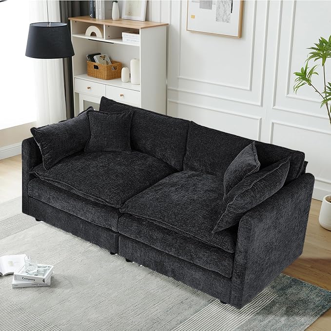 Setawix Chenille Loveseat Sofa Couch with Deep Seat,Large 2 Seater Cloud Couches for Living Room,77.16" Roomy Cloud Sofas,Modular Sectional 2 Seat Sofa with Pillows for Bedroom. (Black, 2 Seater)