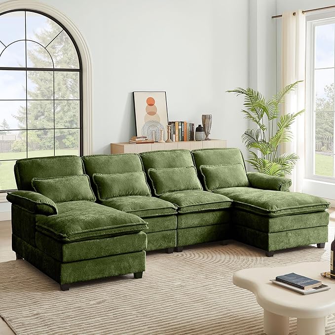 112" Modular Sectional Sofa, U Shaped Comfy Cloud Couch with Double Chaise and Padded Armrests, Modern Deep Seat Sectional Couches for Living Room, Apartment, Office, Green