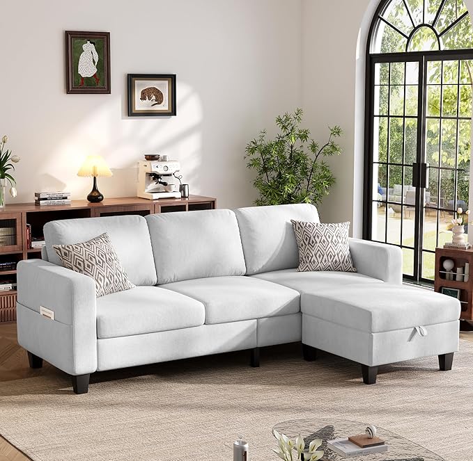 Sectional Sofa and Couches for Living Room, 78'' White 3 Seat L-Shaped Couch with Movable Ottoman, Comfy Velvet Convertible Sectionals Sofas with Chaise for Apartment, Dorm, Small Space