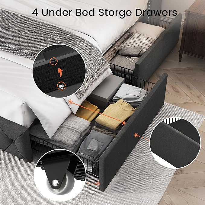 LARMACE King Size Platform Bed Frame with 4 Storage Drawers and 47.2" Tall Tufted Headboard Linen Upholstered Bed Wingback Bed Frame with Wooden Slats Support, Easy Assembly, Dark Grey