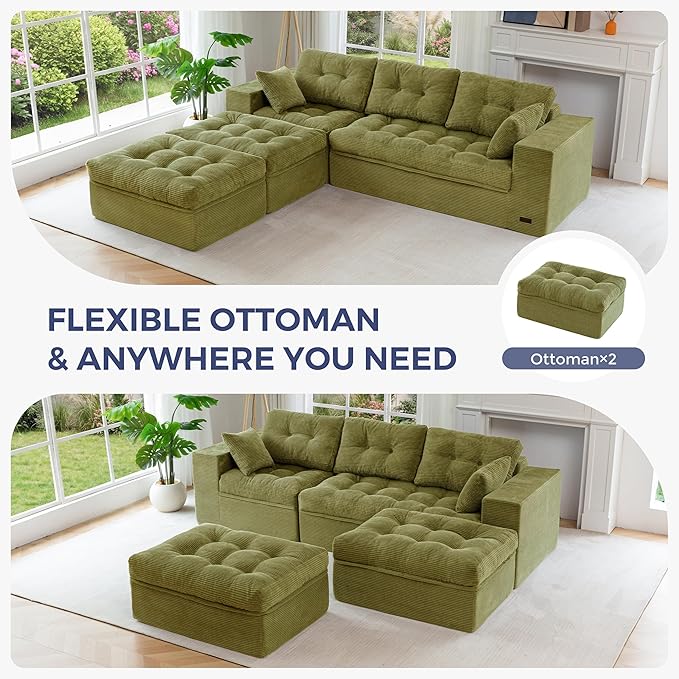 MAXYOYO 104" U Shaped Modular Sectional Sofa with 2 Ottomans, Cloud Boneless Couch with Layered Cushion, Flexible Module Combination Sofa for Living Room, No Assembly Required, Green