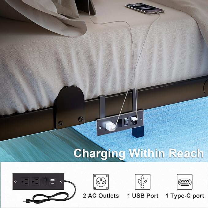 qimamo 10 Inch Floating Full Bed Frame with Smart LED Lights and Charging Station, Modern Metal Full Bed Frame, Easy to Assemble, No Box Spring Needed