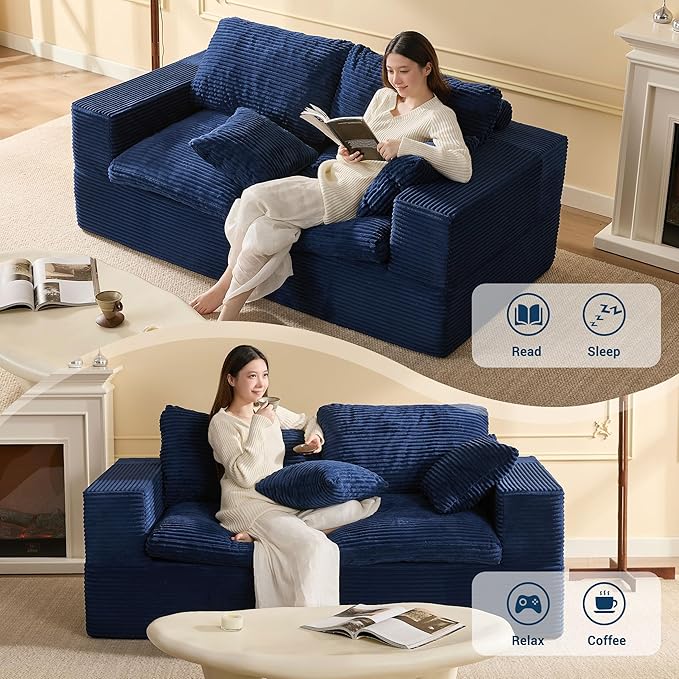 74.8” Set of Cloud Couch, Modular Loveseat Sofa, Convertible Sofas Bed, Deep Seat Sofa, Cozy Sofa for Living Room, Office and Bedroom, Corduroy, Blue