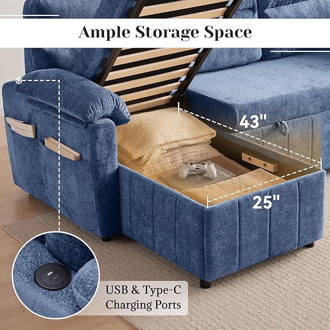 Tbfit 84'' Sleeper Sofa Bed, 3 in 1 Cloud Pull Out Sofa Couch with USB & Storage Chaise, Chenille Convertible Sofa Bed with Pull Out Bed, Couches for Living Room, Apartment, Office, Blue