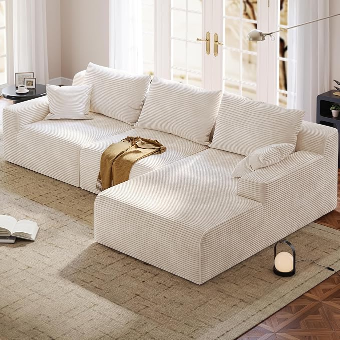 97" L-Shaped Cloud Corduroy Sofa with Right Chaise, Modular Sectional Couch, Flexible Combination Couches for Living Room, Bedroom, No Assembly Required (White)