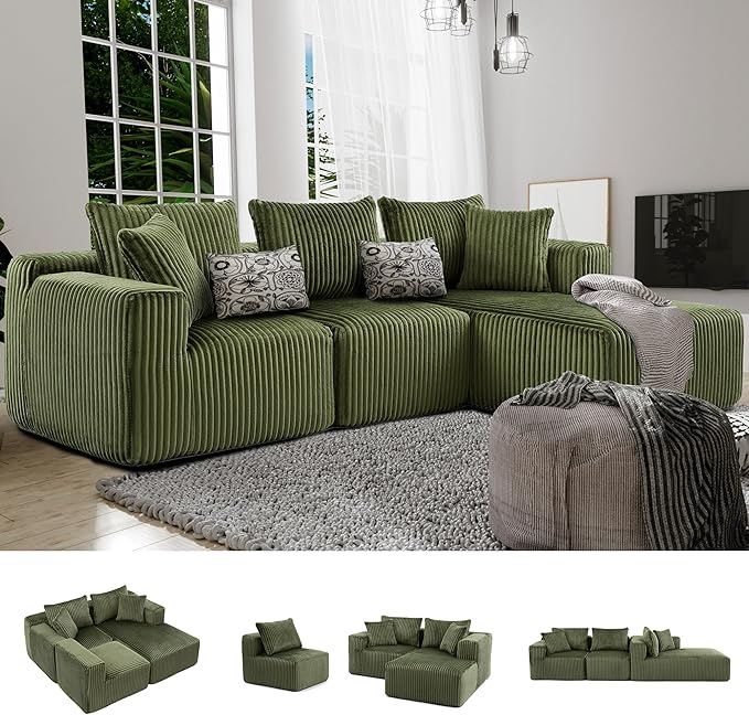 3 Seater L Shaped Sofa with Deep Seat, 101" Cloud Sectional Couch with Chaise, Cozy Modular Couches Sleeper, Oversized Corduroy Sofa for Living Room Bedroom Apartment, Green