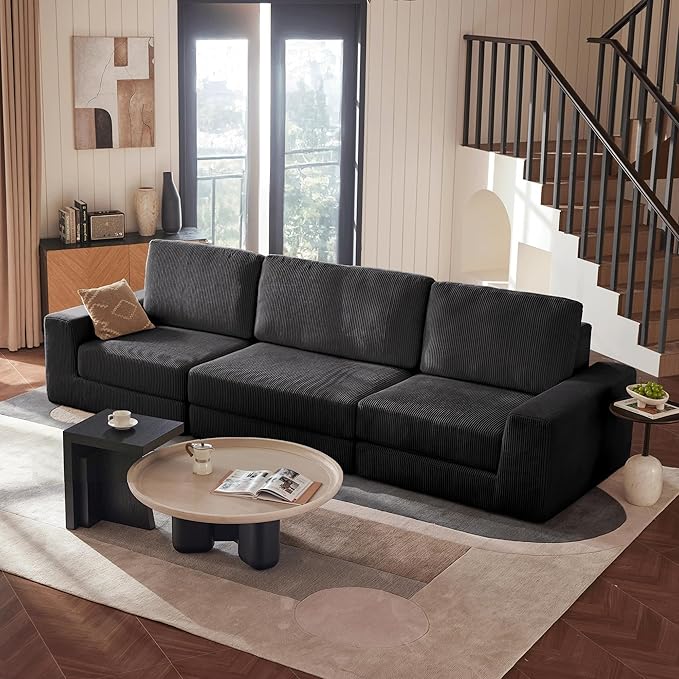 Modular Sectional Sofa, 120.47" Modern Cloud Couch Sectional Sofa with L-Shaped Chaise Comfy Corduroy Fluffy Couch with Deep Seat Boneless Couches for Living Room Bedroom, Black