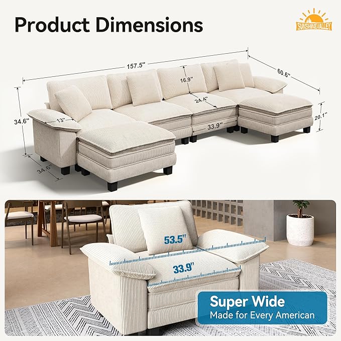 U Shaped Modular Cloud Couch, 157.5'' Oversized Corduroy Sectional Sofa with Wider Armrest and Ottoman, Upholstered 6-Seat Modern Deep Seat for Bedroom Living Room, Beige