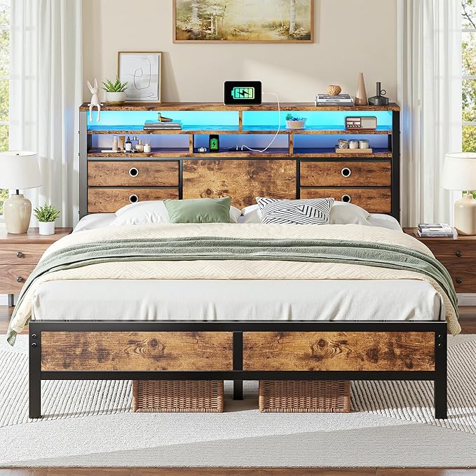 Homkdom Bed Frame Queen Size with 2-Tier Storage Headboard and 4 Drawers,Queen Platform Bed Frame with LED Lights & Charging Station,Metal Queen Bed 1100LBS Heavy Duty,No Noise,Rustic Brown