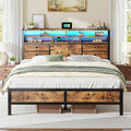 Homkdom Bed Frame Queen Size with 2-Tier Storage Headboard and 4 Drawers,Queen Platform Bed Frame with LED Lights & Charging Station,Metal Queen Bed 1100LBS Heavy Duty,No Noise,Rustic Brown