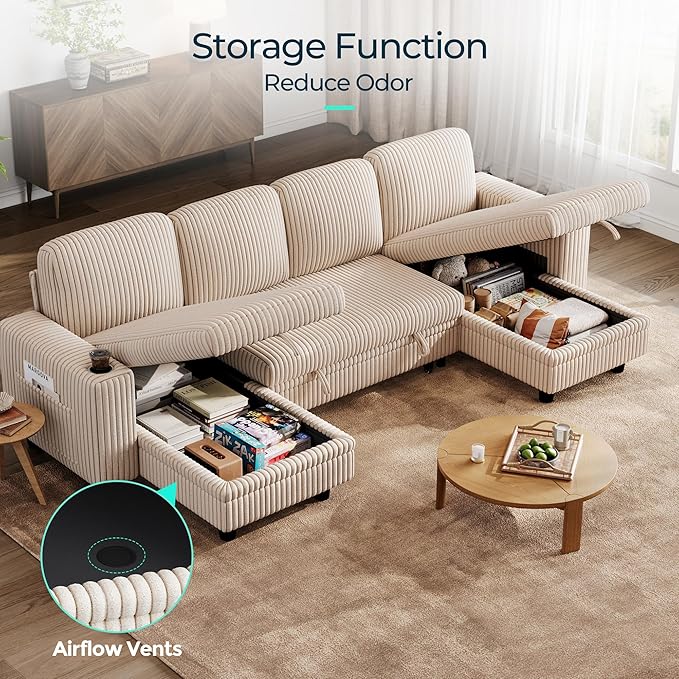 LINSY HOME Pull Out Sofa Bed Sectional Sleeper Sofa with Storage, Plush Corduroy Pullout Modular Sectional Couches for Living Room, U Shaped Convertible Couch Bed for Apartment (Beige)