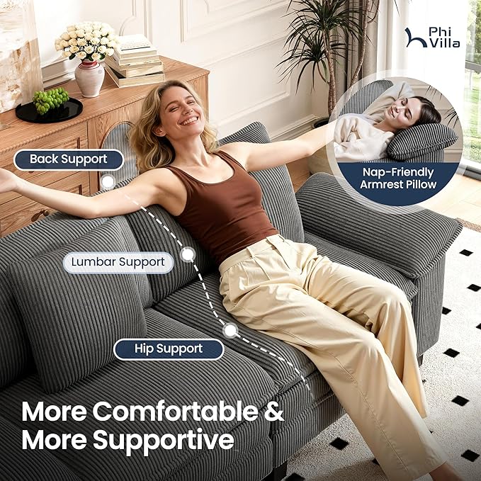 PHI VILLA Cloud Modular Couch Sets, 123.6" Sectional Sofa with U-Shaped Chaise, 5-Seater Couches with 2 Movable Ottomans for Living Room, Corduroy Fabric, Grey