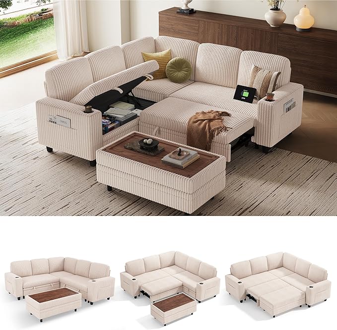 LINSY HOME Sectional Sleeper Sofa with Pull Out Couch Bed for Living Room (Beige) | Plush Corduroy, Storage Ottoman, Storage Chaise, Pull Out Couch, USB Charging