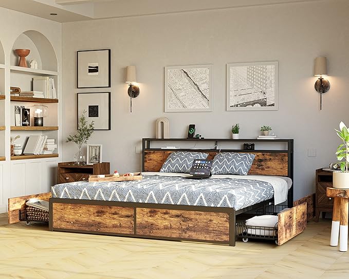 LIKIMIO King Size Bed Frame with 4 Storage Drawers, 2-Tier Storage Headboard with Charging Station, Double Bed Frame King Size for Bedroom, No Box Spring Needed, Easy Assembly, Vintage Brown