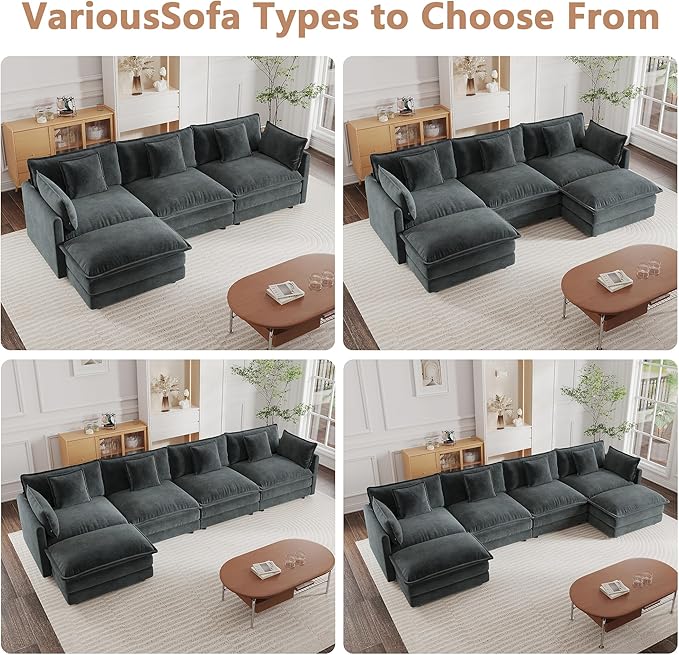 mikibama Modular Sectional Sofa, 146.5 Inch U Shaped Couch Set for Living Room, 4-Seater Comfy Cloud Couches with Two Movable Ottoman, DIY Combination, Chenille, Grey