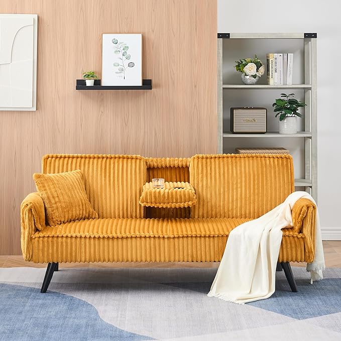 72" Convertible Sofa Bed with Foldable Cup Holder,Straight-line Corduroy Sofa,Suitable for Living Room,Bedroom,Orange