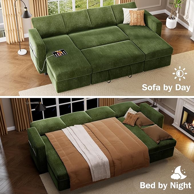 Vipbear 106" Sectional Sleeper Sofa with Pull Out Bed, U Shaped Couch Sleeper Sofa Bed, Pull Out Couch with Reclining Backrest, Double Storage Chaise, USB Ports, Tool-Free Assembly, Chenille Green