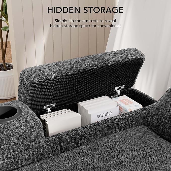 Vipbear Chenille Sleeper Sofa Bed, 82" Pull Out Couch with Reclining Backrest/Reversible Storage Chaise, 3 in 1 L-Shaped Couch with Armrest Storage | Cup Holder | Tool-Free Assembly | Grey