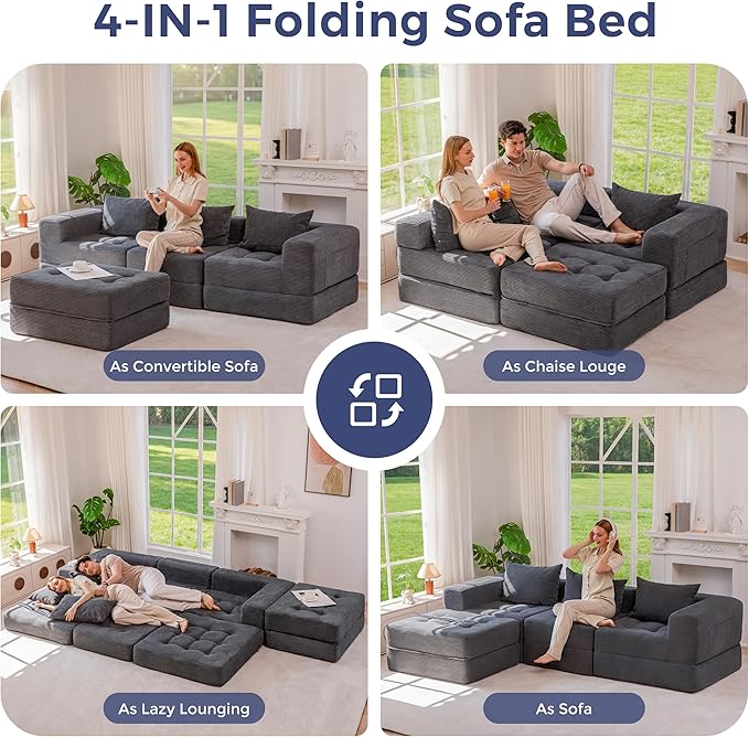 MAXYOYO Modular Sectional Sofa Couch, Foldable L-Shaped Folding Sofa Bed with Ottoman, Convertible Sectional Couch Corded Tufted Floor Sofa Lounger with Pillows for Living Room, No Assembly, Dark Grey