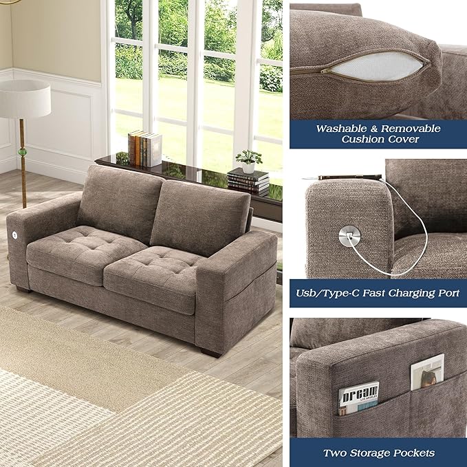 WorthFurni Sofas for Living Room, Chenille Loveseat Couch Set, Small Sofa, 3 Seater Sofa, USB Charging, Removable Sofa Cover,Solid Wood Frame, Easy to Install(70inch,Brown)