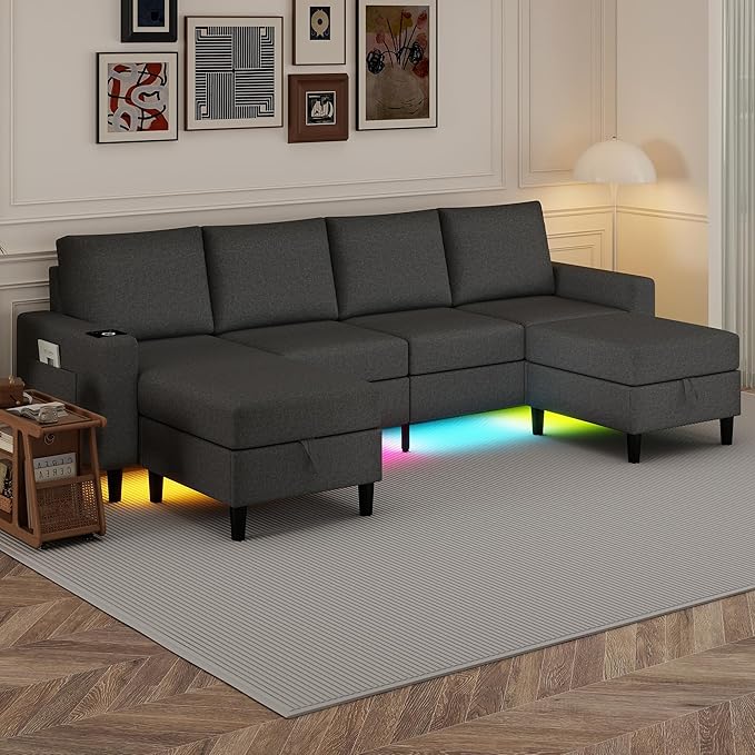 Sectional Couches for Living Room, 109" U Shaped Cloud Couch with Chaise Lounge/Storage Ottoman, 4 Seat Linen Sectional Sofa with Smart Module-Wireless Charging/USB/Type-C/RGB Lights (Dark Grey)