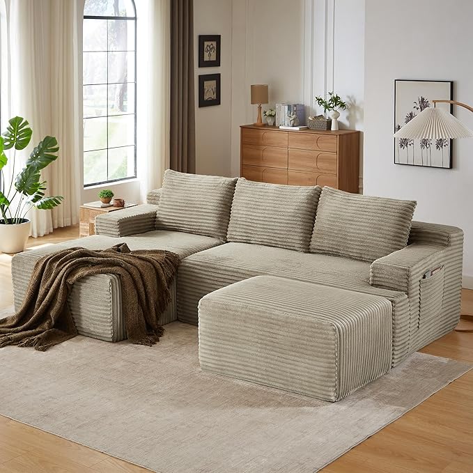 96" Sectional Couches for Living Room Cloud Couch Sofa with L-Shape Upholstered Boneless Couchs Modern Modular Sectional Couch with Chaise (Camel, 96" W+Left Facing Chaise+2Seaters+Ottoman)