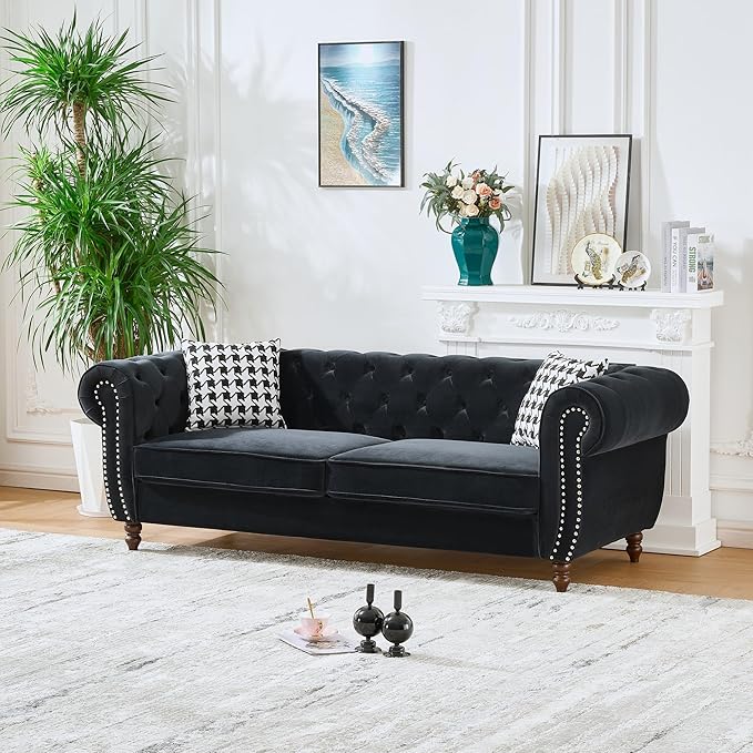 Comfortable Straight-Row Sofa with 2 Pillows,87" Refined Velvet 3 Seat Sofa with Roll Armrest & Nailhead,Sturdy Structure Upholstered Couch for Apartment,Office,Reception Area,Black