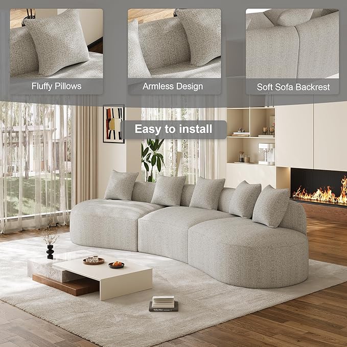 134" Curved Modular Sectional Sofa for Living Room, Modern Chenille Oversized Cloud Couch, Plush Luxury 6-Seater Extra Deep Seat Boucle Boneless Sofa, No Assembly Required, Grey