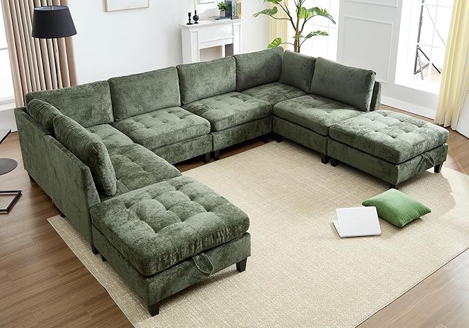 Luxe Oversized Modular Sectional Sofa, Modern Chenille Convertible Sleeper Sofa with Storage Ottoman, Comfy Deep Seat U-Shaped Cloud Couch for Living Room（Green，6-Seater + 2 * Ottoman + Tea Tray）