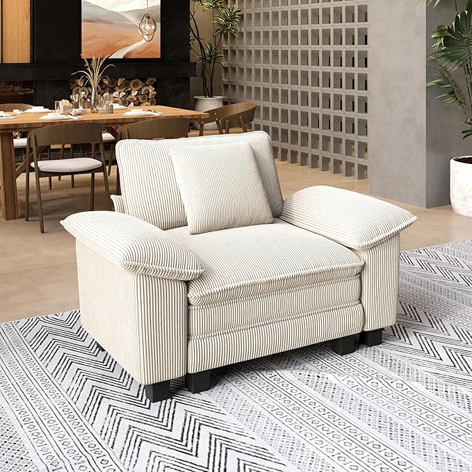 53.5'' Oversized Accent Chair, Corduroy Single Seat Modular Sofa Chair with Wider Armrest and Pillow, Modern Cloud Deep Seat Armchair for Bedroom Living Room, Beige
