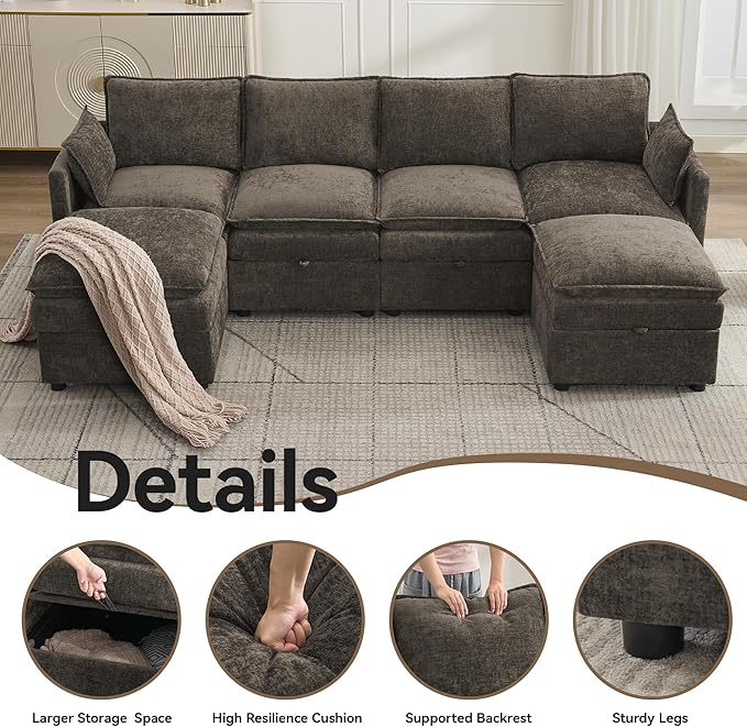 105" Cloud Modular 4 Seater Sofa with 2 Storage Ottoman, Modern Upholstered Sofa Storage Sofa Couch Deep Seat, U Shape Sectional Sofa Chenille Comfy Couch with Armrests for Living Room, Brown | Modular Sofa, 2 Storage Ottoman, Upholstered Sofa, Section...