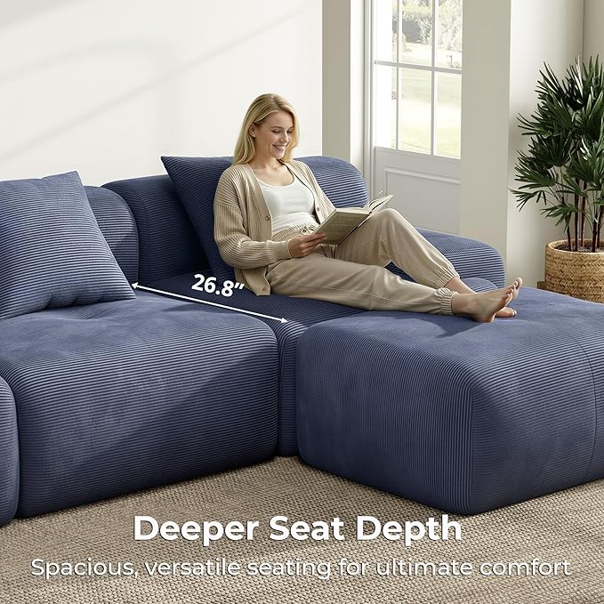 LIKIMIO LumiCord Modular Sectional Sofa with Ottoman, 118" L-Shaped Boneless Couch for Living Room, Oversized Deep Seat with Corduroy Upholstery, No Assembly Required, Navy Blue